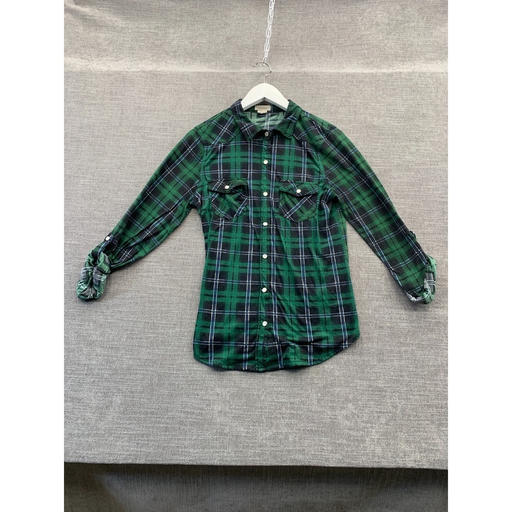 Passport Western Shirt Womens Large Green Black Plaid Flannel Roll Tab Sleeve